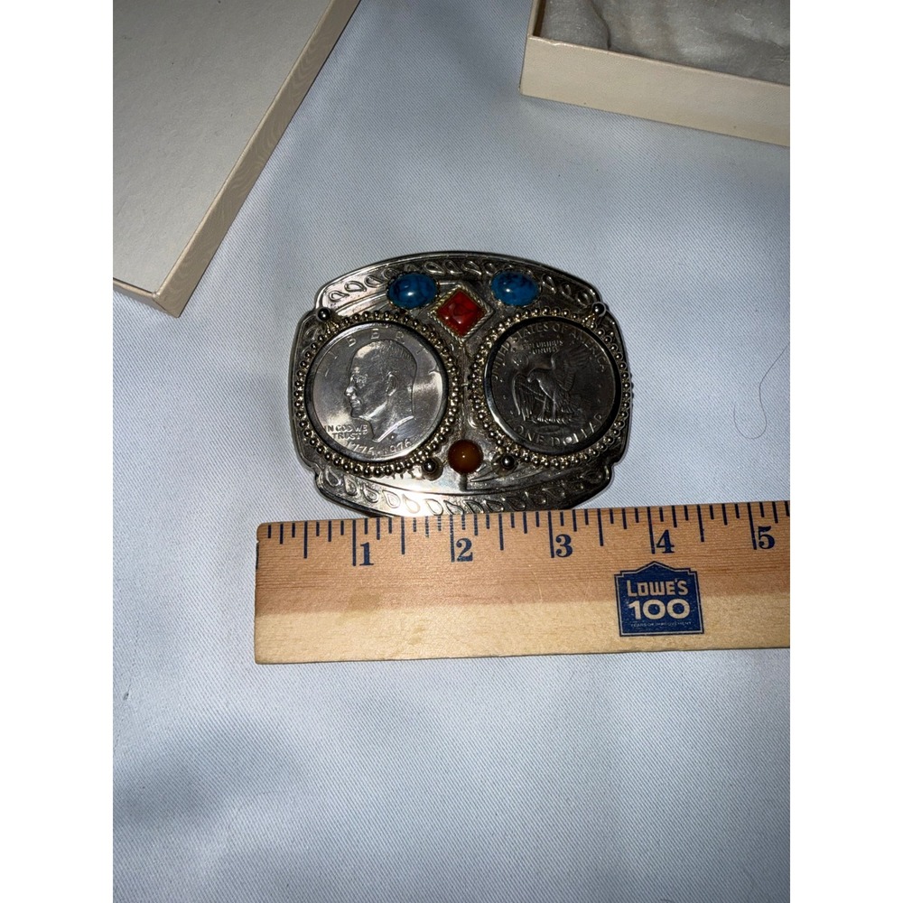 Vintage Bicentennial Eisenhower Silver Dollar Belt Buckle Turquoise Coral Stone - Picture 3 of 5